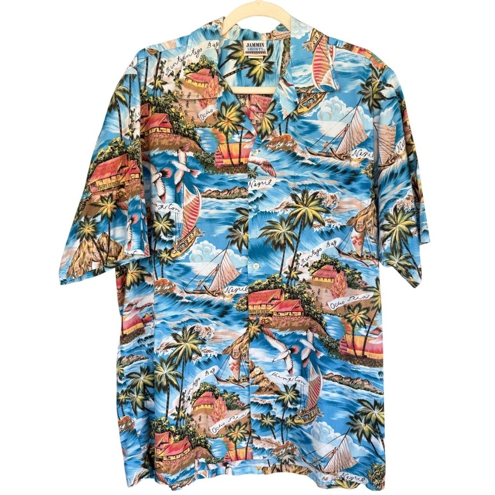 Jammin Shirts Vintage 90s Jamaica Tropical Scenic Print Cotton Button Down XL